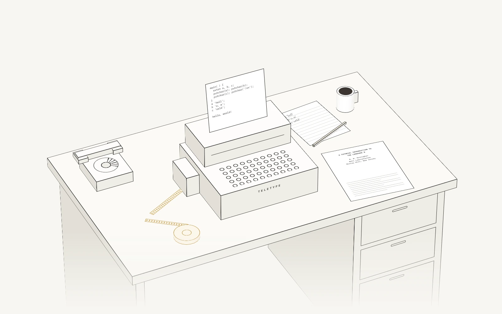 A line drawing of a steel office desk from 1972 with a teletype terminal printing on a roll of paper, a curl of paper tape, a rotary desk phone, a typed memo, a notepad and a mug.