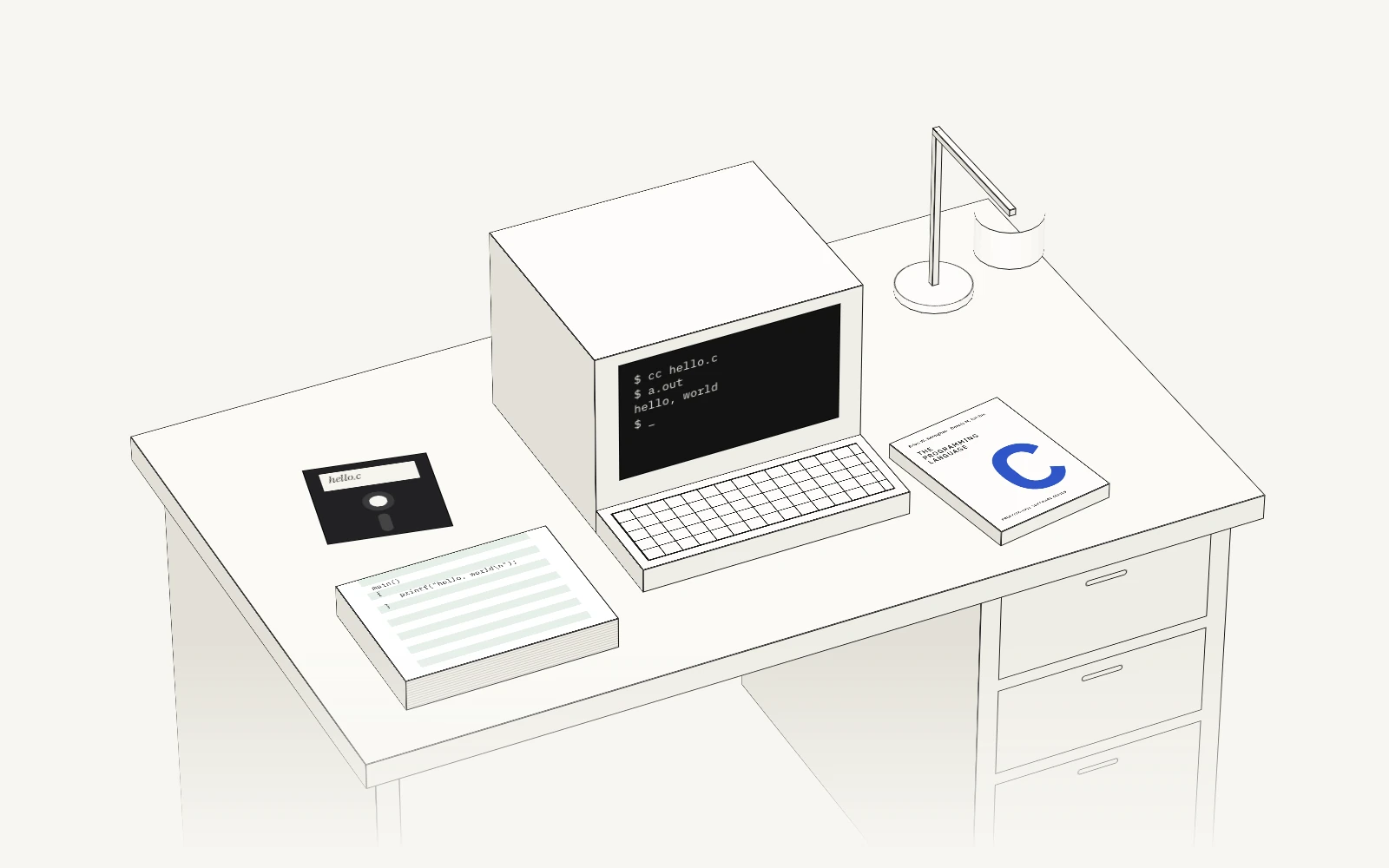 A line drawing of a 1978 office desk with a video terminal showing hello, world, the white C Programming Language book with its blue C, a stack of fanfold printout, an eight-inch floppy disk and a desk lamp.