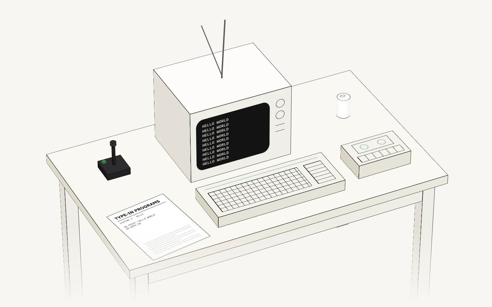 A line drawing of a 1982 wooden desk with a TV showing HELLO WORLD over and over, a home computer keyboard, a cassette recorder, a magazine open to a type-in listing, a joystick and a can of soda.