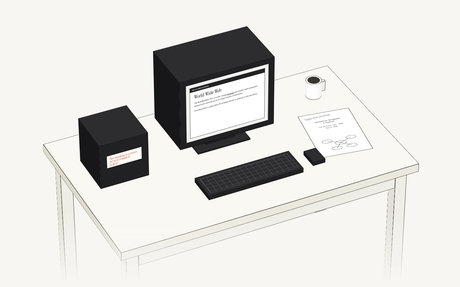 A line drawing of a 1991 desk at CERN with a black NeXT cube wearing a handwritten red label, a black monitor showing the first web page, a black keyboard and mouse, a printed proposal and a mug.