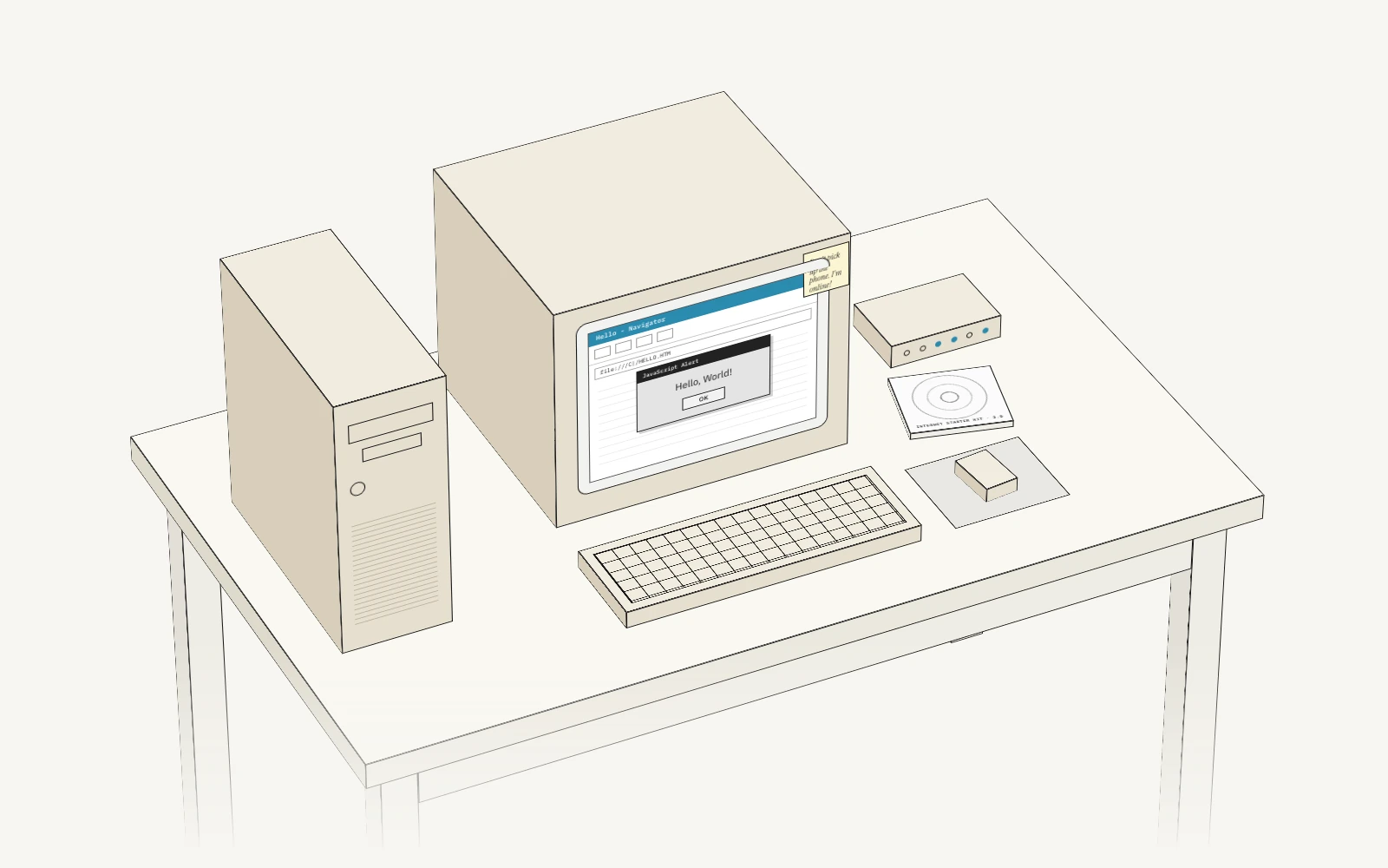 A line drawing of a 1995 home desk with a beige tower computer, a big CRT monitor showing a Hello, World! alert box with a sticky note on its corner, a beige keyboard, a ball mouse on a pad, a modem and a CD case.