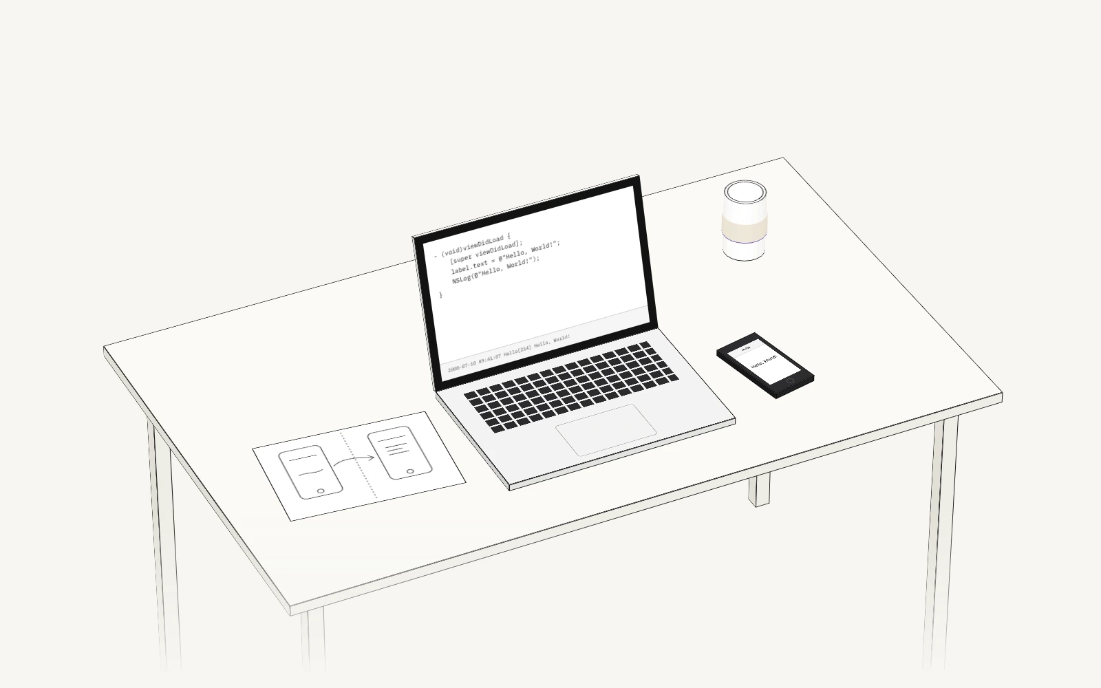 A line drawing of a slim 2008 table with an open laptop showing Hello, World! code, a smartphone running a one-label app, a paper coffee cup with a sleeve and an open sketchbook of phone screens.